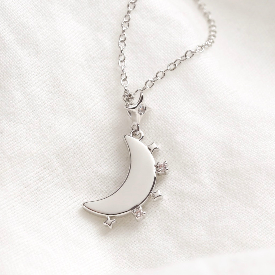 Crystal Edge Moon Pendant Necklace in Silver