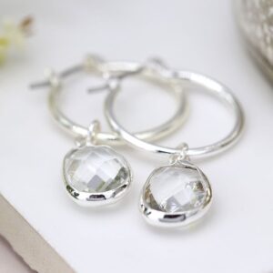 Hoop and Oval Clear Crystal Drop Earrings. Silver plated.