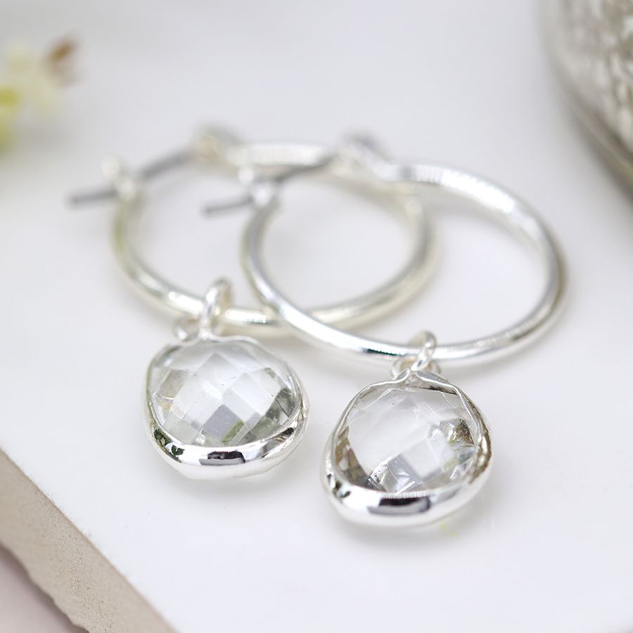 Hoop and Oval Clear Crystal Drop Earrings. Silver plated.