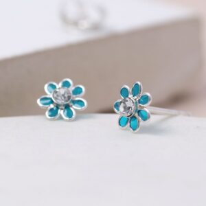 Sterling Silver Petrol Blue Flower Stud Earrings.
