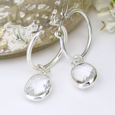 Hoop and Oval Clear Crystal Drop Earrings. Silver plated. - Image 2