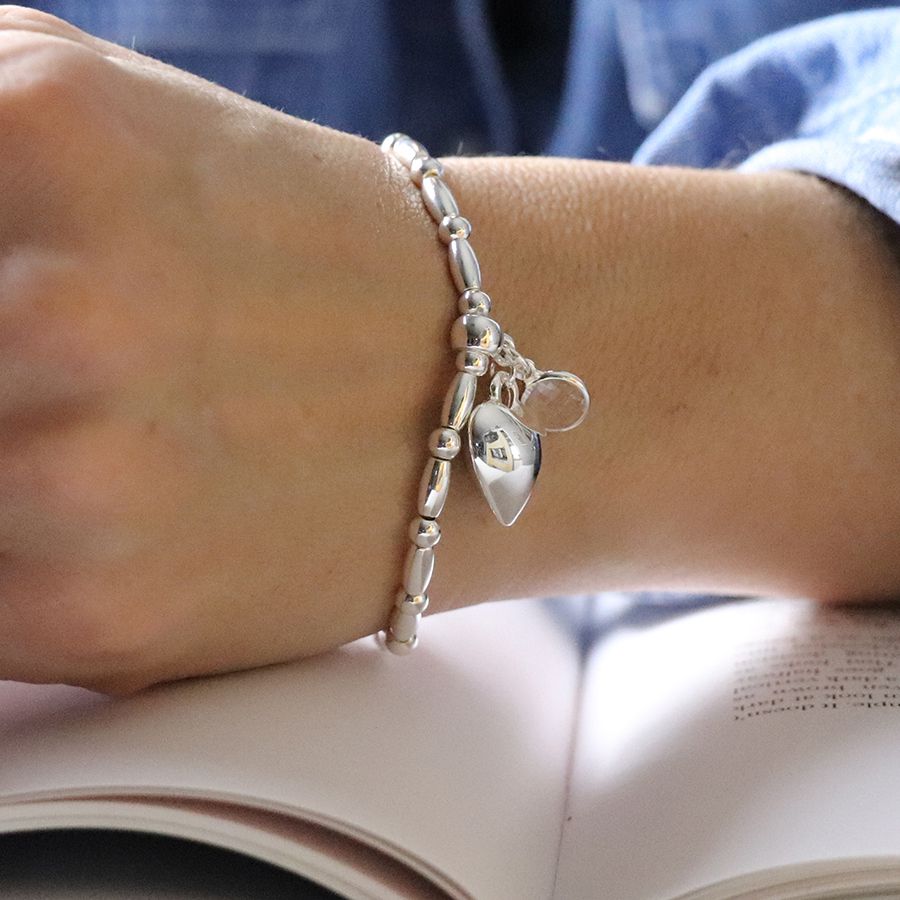 Silver Plated Stretch Bracelet With Crystal And Heart Charm - Image 3