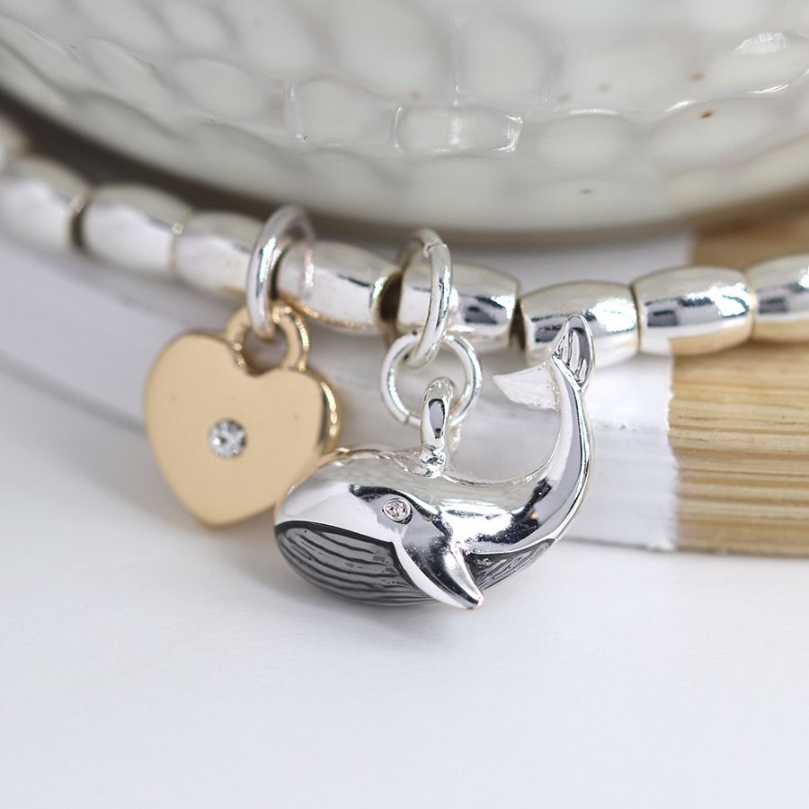 Silver Plated Stretch Bracelet With Heart And Whale Charm - Image 2