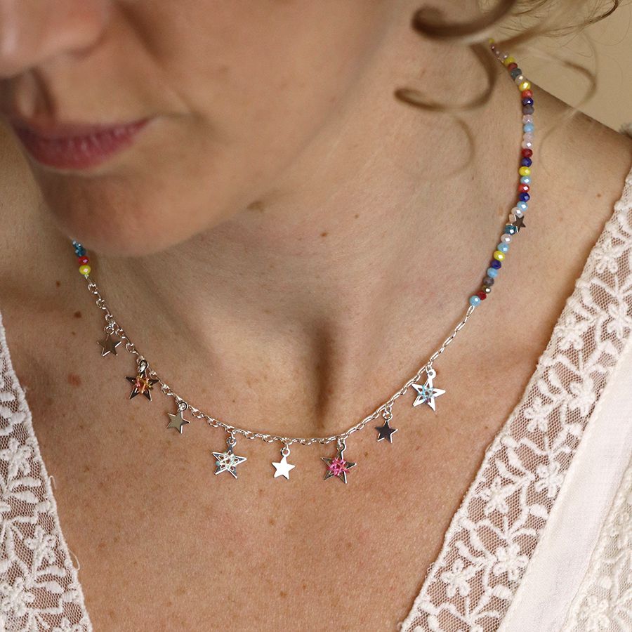 Silver Plated Necklace with Mixed Beads & Stars - Image 3