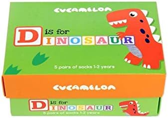 Dinosaur-themed boxed set of 5 different pairs of socks. 3 Dino/2 striped. 1-2yrs. By Cucamelon - Image 2