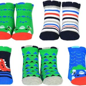 Dinosaur-themed boxed set of 5 different pairs of socks. 3 Dino/2 striped. 1-2yrs. By Cucamelon
