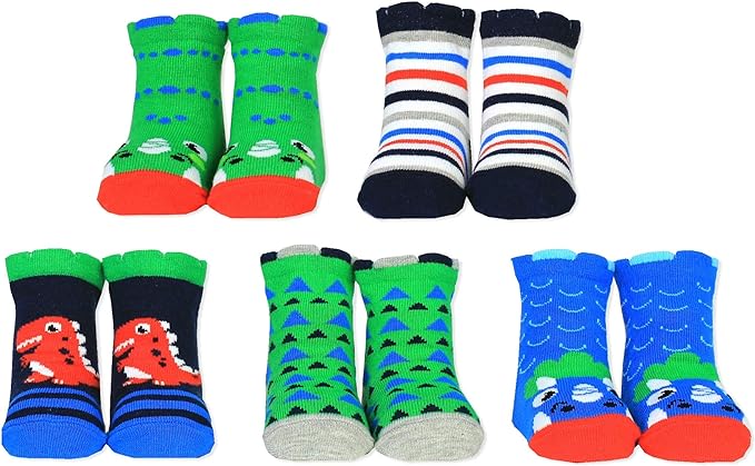 Dinosaur-themed boxed set of 5 different pairs of socks. 3 Dino/2 striped. 1-2yrs. By Cucamelon